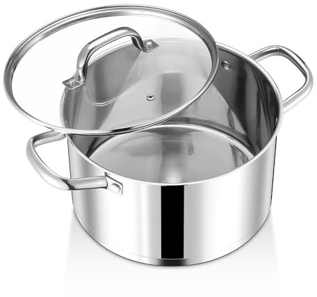 Joyfair Pentola da 22 cm, in acciaio inox con coperchio in vetro, a 3 strati, per tutti i piani cottura, 4,7 l, per pasta, zuppa, stufati, sana e lavabile in lavastoviglie