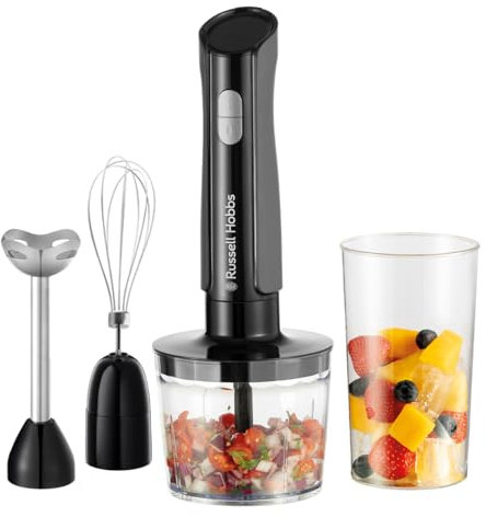 Russell Hobbs Hand Blender [3-in-1 Hand Mixer] Electric Chopper (Food Processor with 3 Attachments for Baby Food, Smoothies, Soup, 2 speeds + pulse, Stainless steel, BPA-Free) Matte Charcoal 27141