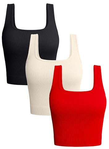 OQQ Women's 3 Piece Tank Tops Ribbed Seamless Workout Exercise Shirts 2025 Summer Basic Camis Black Red Beige