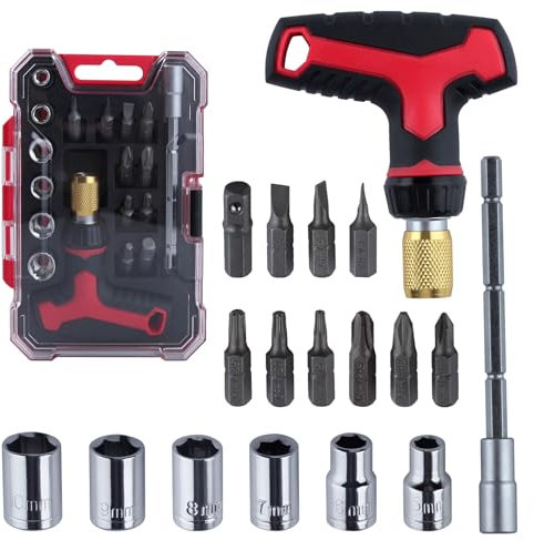 LEONTOOL Lot de 18 clés à cliquet et tournevis à poignée en T, 3 poignées réglables, tournevis à cliquet magnétique multi-embouts et douilles avec mécanisme de charge rapide pour la maison et le