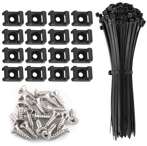 100 Stück Kabelbinder-Halterung, Sattelbefestigung, Drahthalter, 100 Stück Kabelbinder mit selbstsicherndem (203,2 x 3,3 mm) und Flachkopfschrauben mit tiefem Gewinde (schwarz)