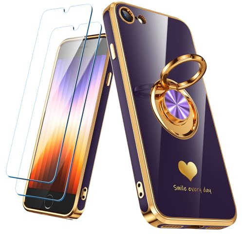 Nonional Compatible for iPhone SE/8/7 Case with 2 Pack Screen Protector, 360° Rotatable Ring Holder [Luxury Hearts Pattern] Plating Gold Edge Slim Soft Phone Case for iPhone SE/8/7 - Purple