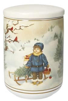 BRANDANI 89863 Barattolo Cuccioli Bimbi Romantici - New Bone China, Barattolo Decorativo Natalizio con Coperchio - 10 cm x 14,5 cm