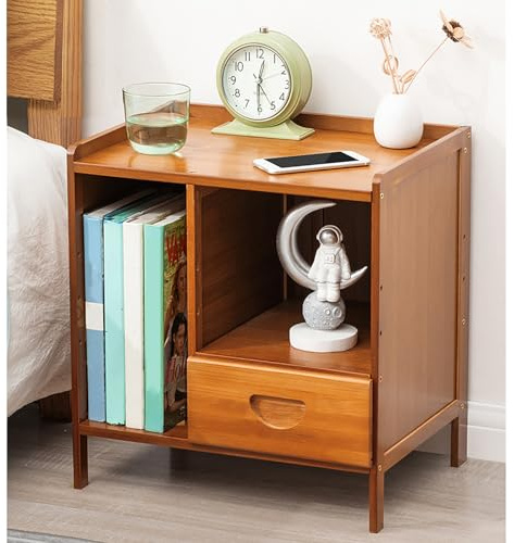 Table de chevet en bambou avec tiroirs, armoire de rangement et table d'appoint pour petit espace, chambre à coucher ou salon, design moderne, taille compacte (42 x 31 x 45 cm), finition noyer