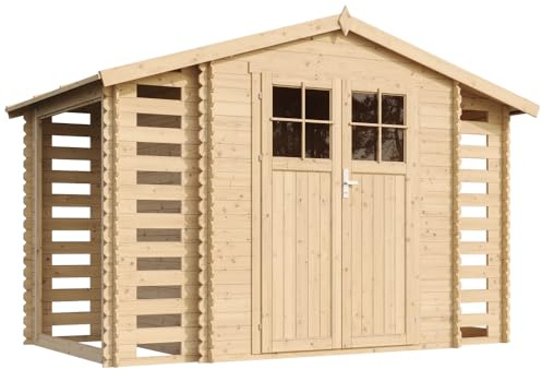 TIMBELA M391F Casetta da Giardino in Legno per Esterni con legnaia - L206xL328xA218 cm/ 3,53 + 0,97+0,97 m2 - Piccola Casetta in Legno, Rimessa Attrezzi, Deposito Bici