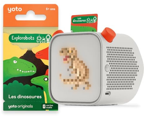 Yoto Player (3ème Génération) + Les Explorobots : Les Dinosaures, Boîte à Histoires, conteuse avec veilleuse, Horloge, 8 Livres Audio français pour Enfant, premières Histoires 5 à 10 Ans