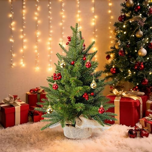 PhilzOps Mini Sapin de Noël, 60 cm Petit Arbre de Noël Artificiel Intérieur Table Décoration de Noël avec Baies Rouges et Boules de Noel Ornements Christmas Tree pour Maison Bureau Bar Patio Fête DIY