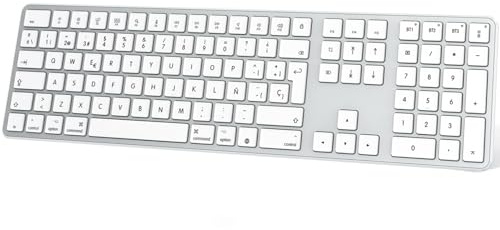 OMOTON Teclado inalámbrico Bluetooth para Mac, Compatible con MacBook Pro/Air, iMac/Mac Mini/Pro, Recargable y con 3 Canales Bluetooth, Distribución en Español (Plata)