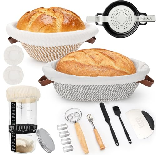 21-teiliges Gärkörbchen Starterset, Sauerteig Starter Set aus 10in einem runden und 12in einem ovalen Gärkörbchen aus Baumwollseil, Sauerteig Starterglas mit Backzubehör, Brotbacken Startver Set