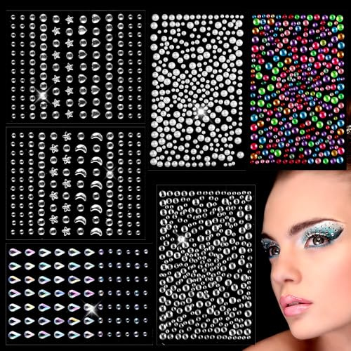 Andibro 6 Blätter Gesicht Glitzersteine Festival Accessoires, Nagel Augen Strass Aufkleber mit Pinzette selbstklebende Strass Edelstein Aufkleber für Halloween Make-up Festival Gesicht Nägel Körper