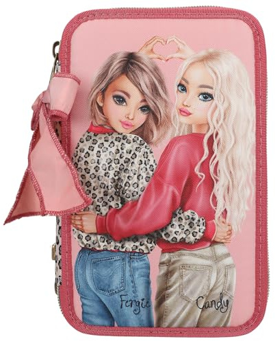 Depesche 13639 TOPModel Leoheart - Gefüllte 3-Fach Federtasche in Rosa und Rot, mit Model Motiv und Leo-Print, Federmappe mit Buntstiften, Schere, Lineal UVM.