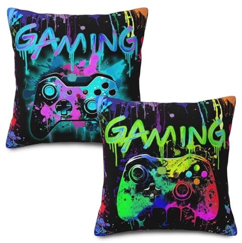 Gaming Kissenbezüge 45x45cm, Gaming Zimmer Deko, Jugendzimmer Deko Jungen | 2 Stück Bunte Doppelseitige Drucke Dekokissen für Gamer, Sofa, Bett, Auto, Büro, Sessel, Zuhause, Schlafzimmer