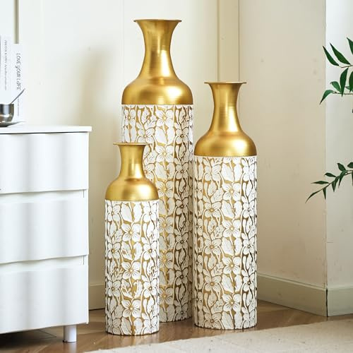 Vases de Sol décoratifs pour la Maison, Grand Ensemble de 3 vases Hauts Blancs et dorés pour Mariage, Vase Extra Large en métal émaillé pour Fleurs artificielles, 83/65/50 cm
