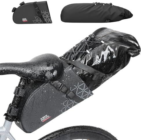 KEMIMOTO Bike Seat Bag Detachable, 11-13L Fully Waterproof Bicycle Saddle Pack with Reflective Panel, Reinforced PP Hardboard Base & Elastic Storage Bikepacking Pouch for MTB Road Bikes E-Bikes