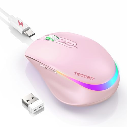 TECKNET Kabellose Maus mit Jiggler, 4800 DPI Wiederaufladbar Ergonomische Maus, 6 DPI-Einstellungen & LED-Beleuchtung, 2,4G USB Maus Kabellos, Leise Funkmaus für Laptop PC Computer Windows, Rosa