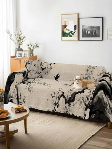 Chinese Sofa Cover Blanket Couch Covers for Armchair Cushion,Couch Sofa Silpcover with Tassel,Black White Tree Flowers Traditional Ink Painting Living Room Throw Towel Blanket Covers XX-L 71x150