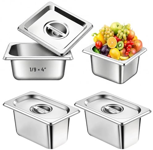 4 Stück GN 1/9 Behälter, 17,6 x 10,8 x 10 cm, Edelstahlbehälter mit Deckel, stapelbare Gastronomiebehälter, Gastronormbehälter, Gastrobehälter für Schnitzel Fleisch Fisch Obst Eis Sauce