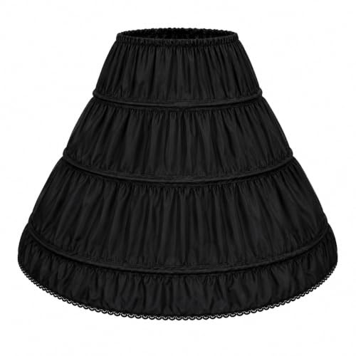 EXCLEN Girls Children Petticoat A-Line 3 Hoops One Layer Kids Crinoline Lace Trim Flower Girl Dress Underskirt Adjustable Waist for Age 6-11 Years Old. Black (Black)