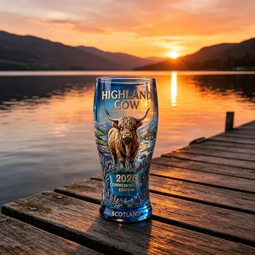 Scottish Highland Cow Pint Beer Glass | Traditional Style Drinking Stein for Beer, Cider & Ale | Scotland Themed Decorative Glassware | Ideal for Home Bar, Man Cave or Gift | 1 Glass (A)