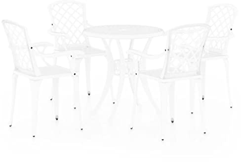 Qnhdfrt Set da bistrò in alluminio pressofuso, set di mobili da giardino in bianco, 4 sedie da giardino e tavolo da giardino con foro per ombrellone, set robusto per terrazza, balcone e giardino