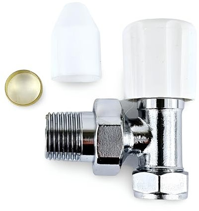 Wärmer System Angled Radiator Valve - White Lockshield Cap & Wheelhead Radiator Valve 15mm x 1/2 inch with Additional Olive