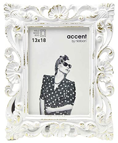 accent by nielsen Bilderrahmen, 13 x 18 cm, Holz, Weiß/Gold, Fotorahmen zum Auftstellen im Hoch- & Querformat, Echtglas, Fiore
