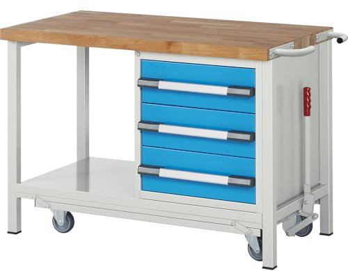 eurokraft | Fahr- und absenkbare Werkbank | Gestellbauweise Serie 8000 | 3 Schubladen | Ablageboden | BxT 1250 x 700 mm