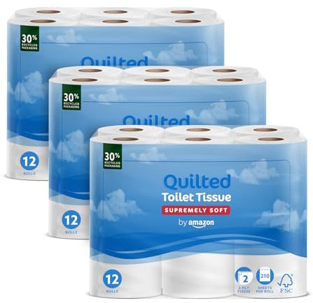 by Amazon Carta Igienica, 2 Veli Trapuntata, Morbida e Delicata, 36 Rotoli (4 Confezioni da 9), 210 Fogli per Rotolo, Certificata FSC