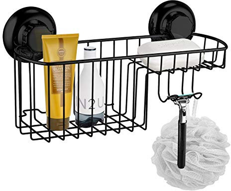 MaxHold No-Drilling/Suction Cup Multi-Functional Combo Basket - Vaccum System - Stainless Steel Never Rust - Black - for Bathroom & Kitchen