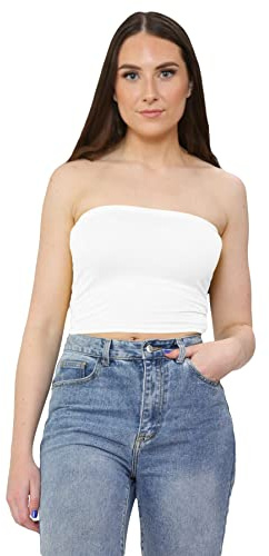 janisramone® Women's Bandeau Crop Top, Stretchy Strapless Boob Tube Style Womens Summer Tops - Crop Tops for Women, Ideal Going Out Tops for Women UK White