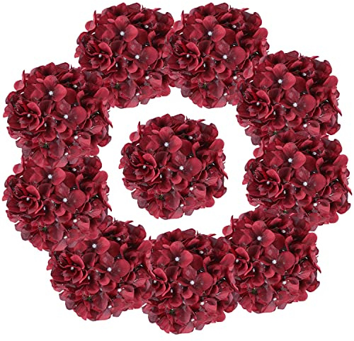 AVIVIHO Lot de 10 fleurs artificielles d'hortensia en soie avec tiges pour mariage, maison, fête, magasin, fête prénatale, bordeaux