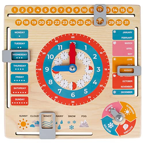 Holzspielzeug Lernuhr Kinder Kalenderuhr für Kinder Holz - Englisch Lernen Jahresuhr zum Lernen der Uhrzeit, dem Datum, der Wochentage, Monate, Jahreszeiten und des Wetters - Lerntafel ab 3 Jahre