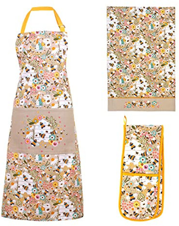 Ulster Weavers Kitchen Textile Bee Keeper Bundle - Yellow, Bee Design, Kitchen and Dining Gifts (Cotton Tea Towel, Cotton Apron and Double Oven Glove)