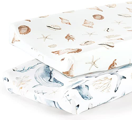 GRSSDER Stretch Ultra Soft Jersey Knit Changing Pad Cover Set 2 Pack,Change Table Pad Covers Fit 32/34 x 16 Pads Safe and Snug,Stylish Cute Whale Sea Worl for Baby