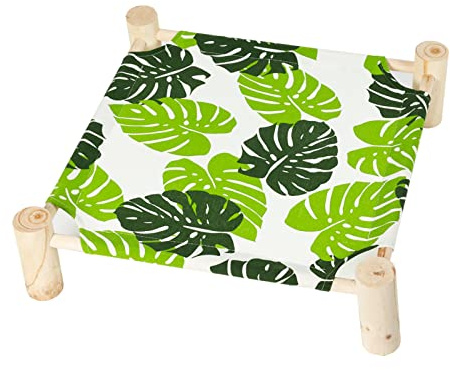 Patas Lague Katzen-Hängemattenbett, klein, erhöhtes Hundebett, 48,3 x 48,3 cm, Monstera-Blatt | Atmungsaktives Haustierbett aus Holz, kühlendes Kaninchenbett, Outdoor-Katzenmöbel für den Sommer