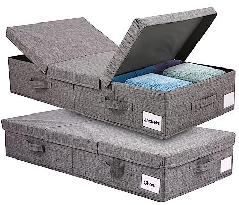 Kavolet 2 Stück Unterbett Aufbewahrungsbox mit Deckel, Unterbettkommode, Faltbar Aufbewahrungskiste für Schrank, Decke, Kleidung, Schuhe, Spielzeug, Stoff, Aufbewahrungsbehälter mit 4 Griff (Grau)