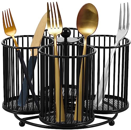 Eummy Metal Utensil Caddy 360 Degree Rotating Cutlery Holder 4 Compartment Flatware Storage Basket Multipurpose Countertop Silverware Organizer for Kitchen Picnic Camping Outdoor(Black)