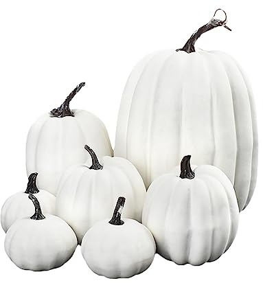 7pcs Halloween Künstliche Kürbisse Kürbis Herbst Deko Dekoration Draußen, Mini Weiß Kürbisse Zierkürbisse Herbstdeko Herbstdekorationen Für Halloween, Herbst und Thanksgiving Party (White, One Size)