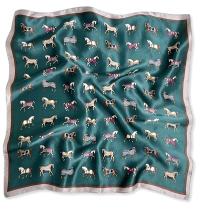 LumiSyne Seidenschal Damen Quadratischer Schal Vintage Pferd Muster Leicht Satin Kleiner Vierecktuch Multifunktional Halstuch Bandana Kopfschmuck Haarschal Griff Wrap Ribbon 53×53cm