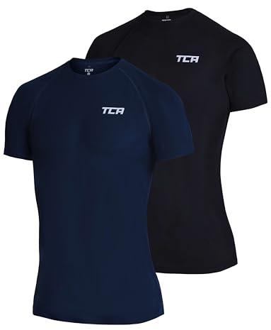 TCA Superlight Camisetas de Gimnasio Dry Fit para Hombres – Camisetas de Entrenamiento Ligeras y Transpirables para Correr, Entrenamiento, Fitness y Deportes - Negro + Azul Oscuro, M