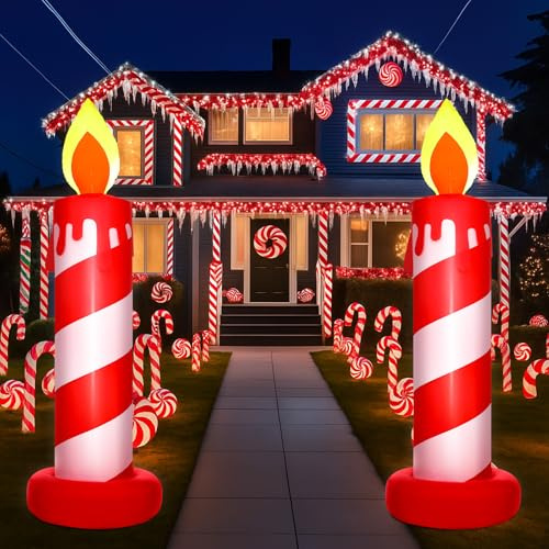 VIHOSE Aufblasbare Weihnachtskerzen, 2 Stück, 2 Stück, 18 m, Zuckerstange, Outdoor-Dekoration, integrierte helle LED-Lichter, große aufblasbare rote und weiße Zuckerstangen, Outdoor-Dekoration für