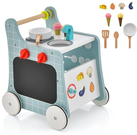 COSTWAY 6-in-1 Wooden Baby Walker, Toddler Push and Pull Learning Activity Center with Wheels, Teaching Clock, Shape Matching & Movable Slider, Pretend Play Kitchen for 12 Months + (Blue)