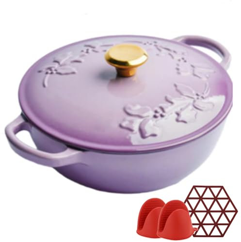 Forno olandese in ghisa smaltata antiaderente – Forno olandese rosa 3Qt per fuoco aperto, piano cottura, campeggio – include presine