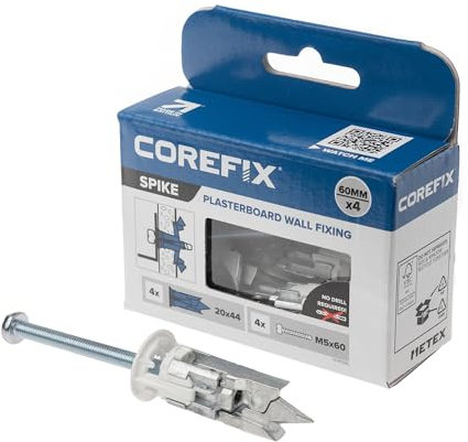 Corefix Spike Strapazierfähige Gipskartonbefestigungen, 4 Stück, DIY-Kit mit M5 x 60 mm Schrauben, einfach zu installieren, kein Bohren erforderlich. Trockenbaudübel, Wanddübel-Alternative, geeignet