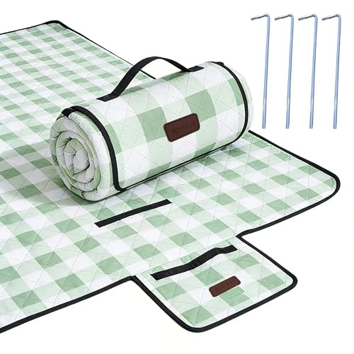 HX&OD Waterproof Picnic Blanket, Extra Large 80x80, Foldable Gingham Mat for Beach, Camping, Grass, Lawn, Park, and Weddings (Green, 80x60)