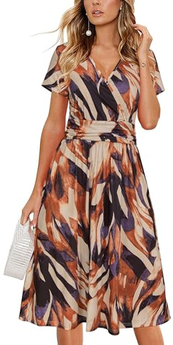 OUGES Women's Summer Midi Dress V-Neck Long/Short Sleeve Floral Ladies Fall Dress with Pockets