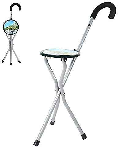 QTYQWC Stampelle per Anziani Bastone/Sgabello Treppiede Pieghevole per Anziani Lega di Alluminio Regolabile in Altezza con Luce, Stampelle per Anziani Viaggiare all'aperto Camminare comode, Argento