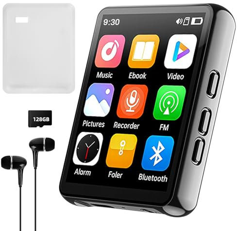 Cetoon Lecteur MP3 128 Go avec Bluetooth, lecteur de musique numérique portable avec haut-parleur, écran tactile complet de 2,4, son HiFi, radio FM, enregistreur, écouteurs filaires inclus, pour
