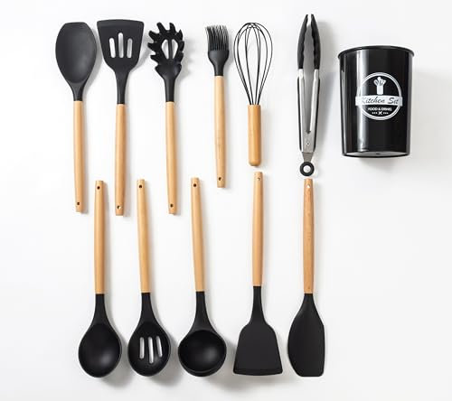 Kitchen Utensil Set - 12 Pieces Silicone Cooking Spatulas Set Natural Wooden Handles Cooking Tool Turner Tongs Spoons Whisk Non Stick cookware Heat Resistant Kitchen Gadgets