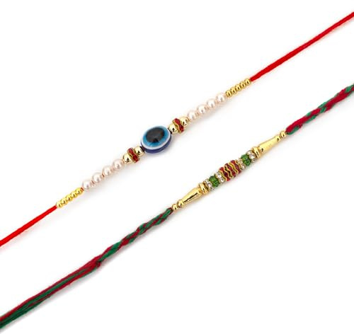 Rakhi für Bruder, 2er-Set mit Grußkarte, schönes handwerkliches Rakshabandhan, Rakhi-Geschenkset für Bruder Bhaiya Bhai Bro, grüne Farbe, böser Blick, traditioneller indischer Stil, Rakshbandhan Rakhi